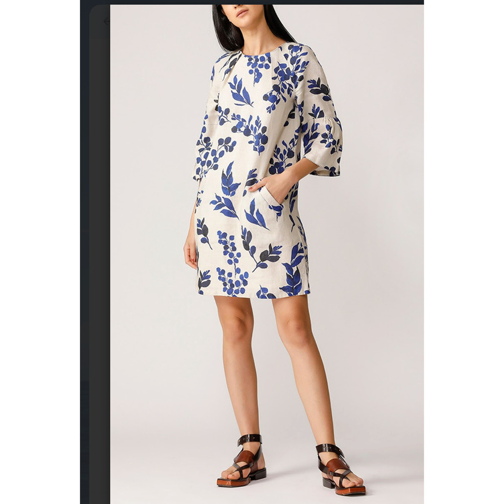 Anthropologie Payal Pratap XS Linen Blue Floral Dress Bell Sleeve Designer $299